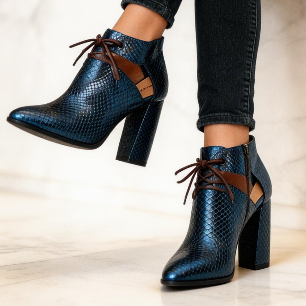 Kk Dodds Pointed Toe Cutout Heels In Navy Snake Print In 6.5